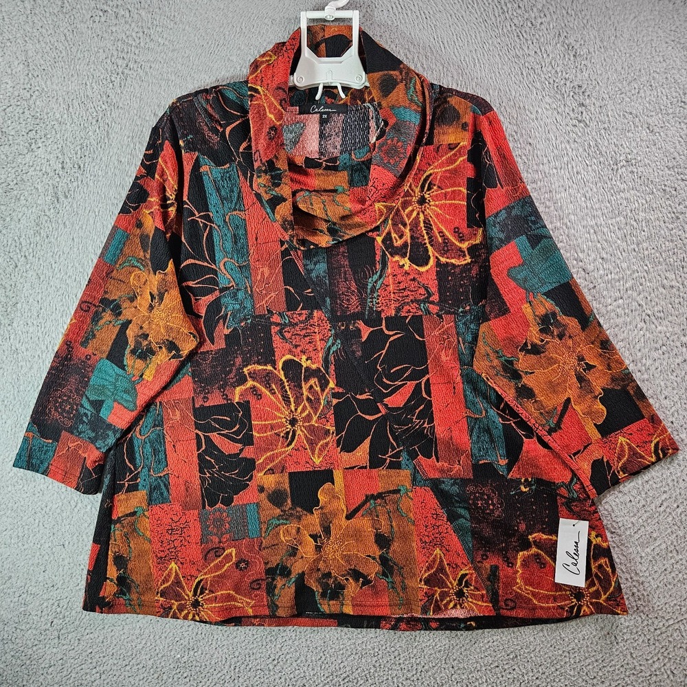 NEW Calessa Top Blouse Women 2X Stretch Loose Mock Neck Multicolor